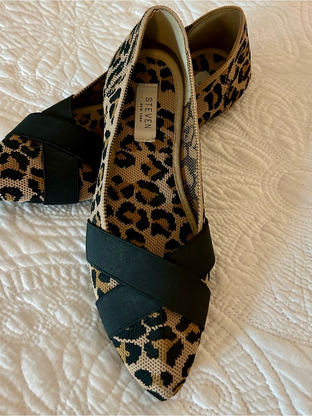Steve Madden Leopard-Print Pointed Flats with Black Cross Bands
